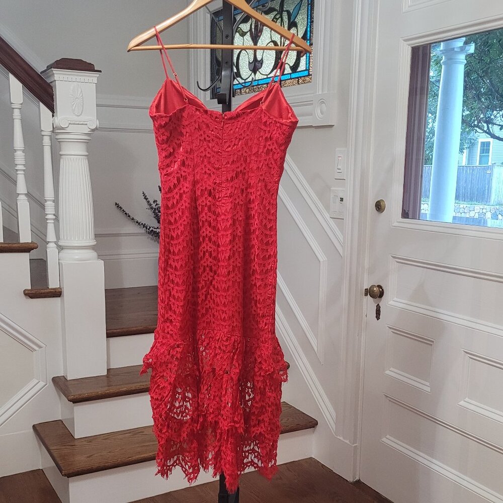 NEW High-Low Red Lace Ruffle Detail Dress. Size 2. - Picture 9 of 16